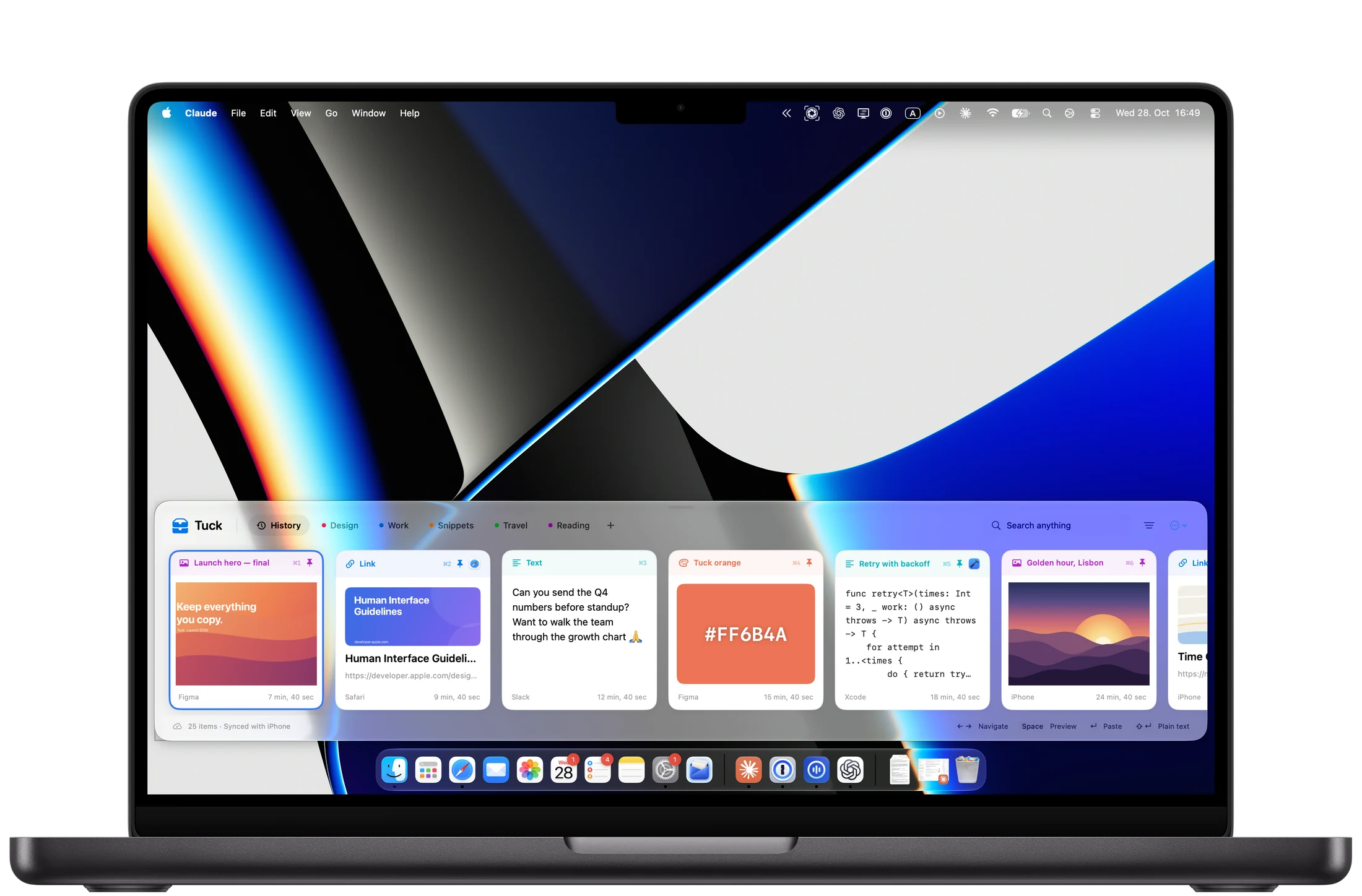 Tuck shelf showing clipboard history on a MacBook Pro